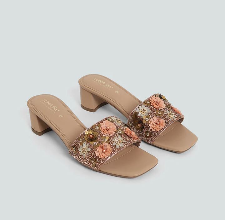 LUNA BLU Floral Sequence Embellished Heel Sandals in Beige