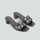 LUNA BLU Floral Sequence Embellished Heel Sandals in Beige