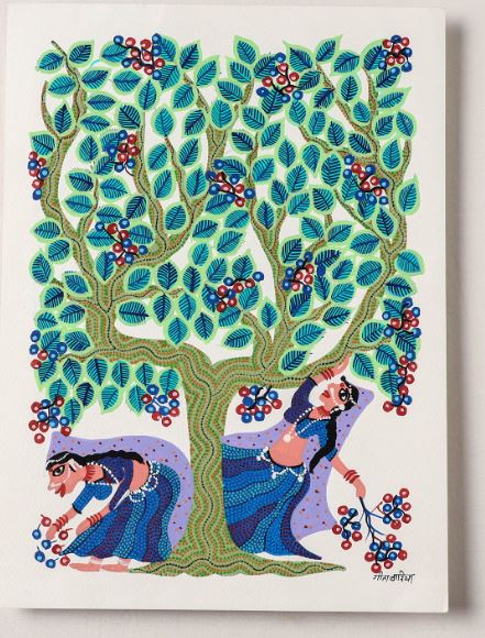 Nari under the Tree: Handpainted Bhil Pithora Painting by Geeta Bariya (15 x 11 in)