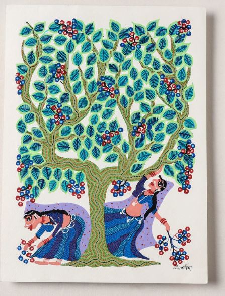 Nari under the Tree: Handpainted Bhil Pithora Painting by Geeta Bariya (15 x 11 in)