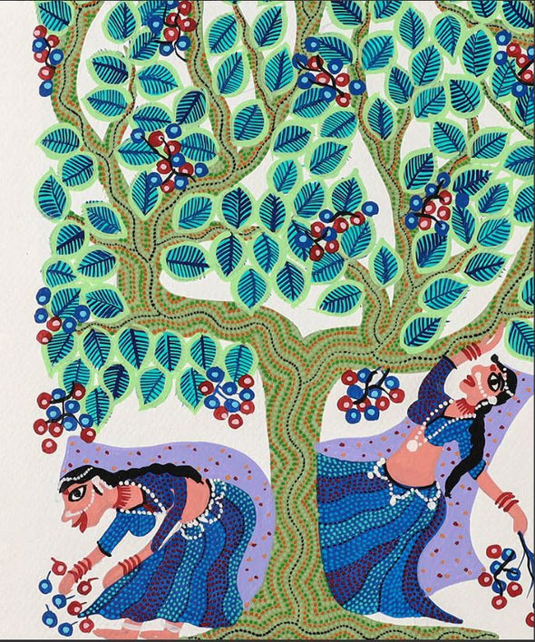 Nari under the Tree: Handpainted Bhil Pithora Painting by Geeta Bariya (15 x 11 in)