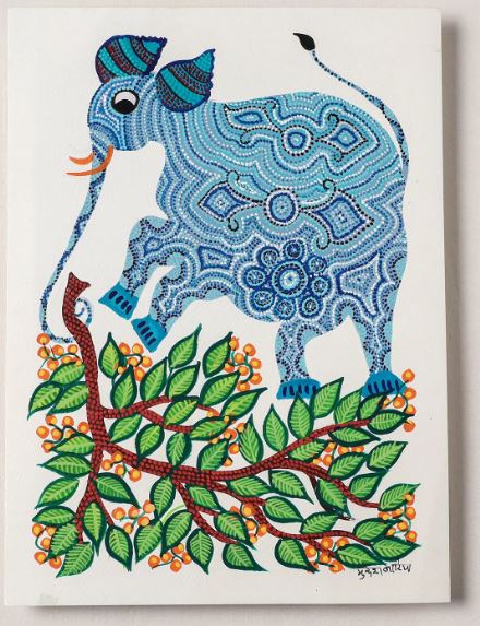 Nari under the Tree: Handpainted Bhil Pithora Painting by Geeta Bariya (15 x 11 in)