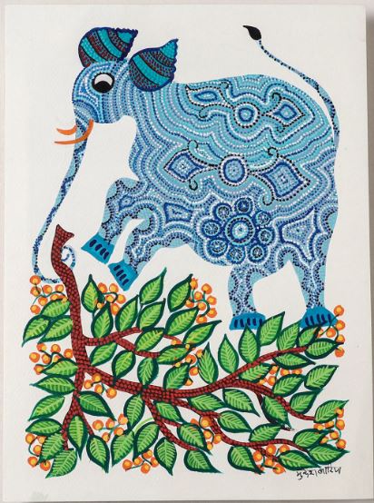 Nari under the Tree: Handpainted Bhil Pithora Painting by Geeta Bariya (15 x 11 in)