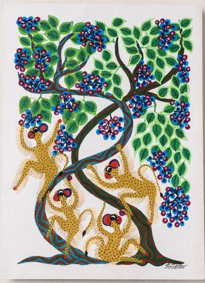 Nari under the Tree: Handpainted Bhil Pithora Painting by Geeta Bariya (15 x 11 in)