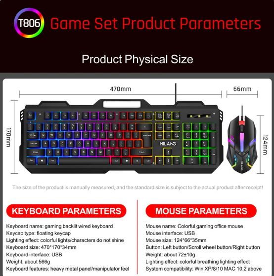 Computer Gamer Backlit Keycaps USB Wired Gaming Keyboard + Mouse Combo