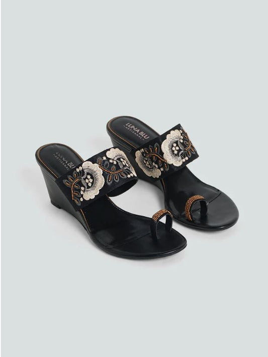 LUNA BLU Floral Embellished Black Wedge Sandals
