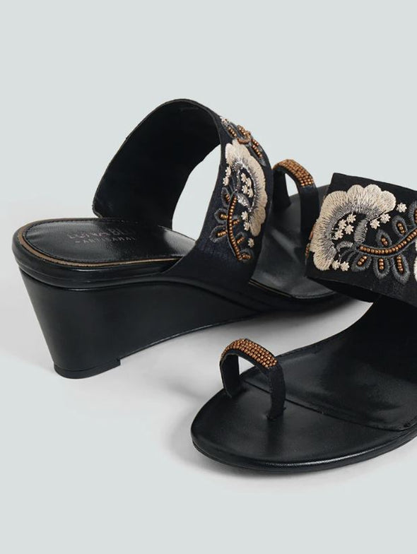 LUNA BLU Floral Embellished Black Wedge Sandals