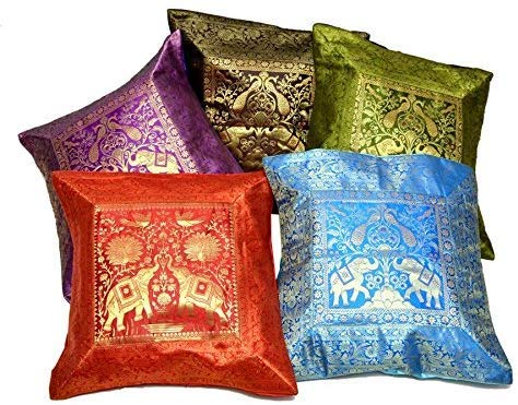5Pc Ethnic Indian Handmade Decorative Silk Brocade Throw Pillow Covers. Rajasthan, India