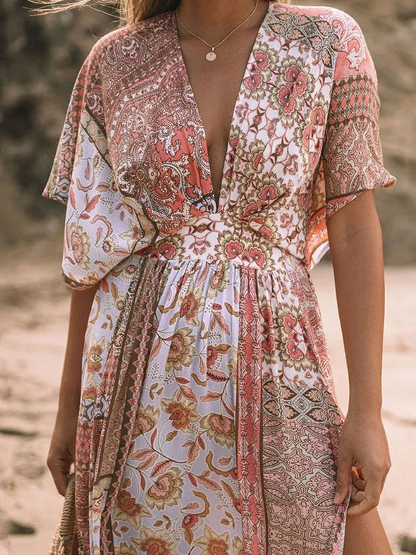 Bohemian Printed V-Neck High Waist Self Belted Summer Dress Cotton Tunic Coverup