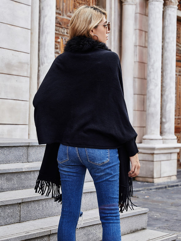 2022 Winter Fur Collar Shawls and Wraps Cardigan Sweater Women Bohemian Fringe Batwing Sleeve Ponchos Cardigans Coat