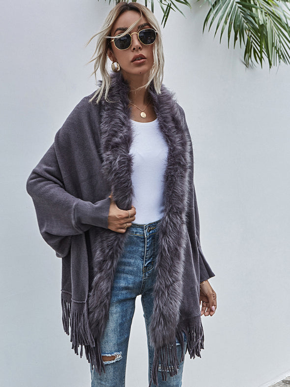 2022 Winter Fur Collar Shawls and Wraps Cardigan Sweater Women Bohemian Fringe Batwing Sleeve Ponchos Cardigans Coat