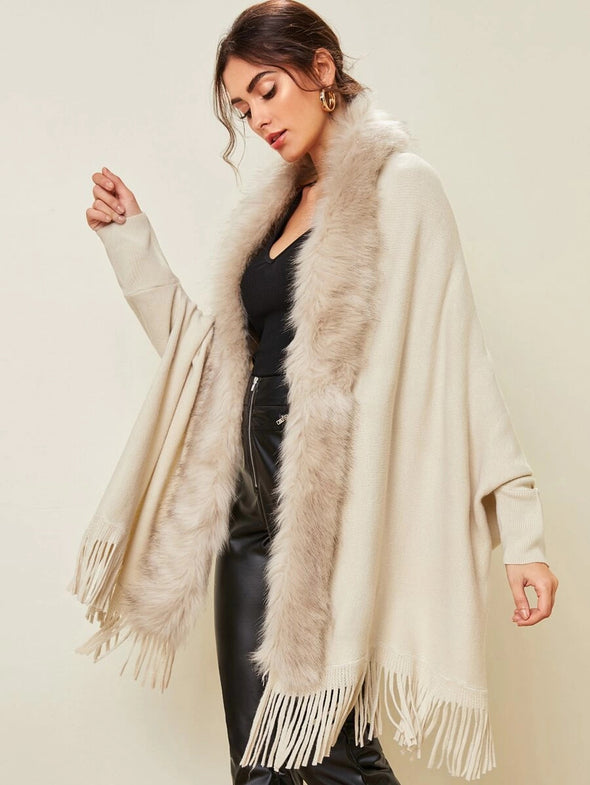 2022 Winter Fur Collar Shawls and Wraps Cardigan Sweater Women Bohemian Fringe Batwing Sleeve Ponchos Cardigans Coat