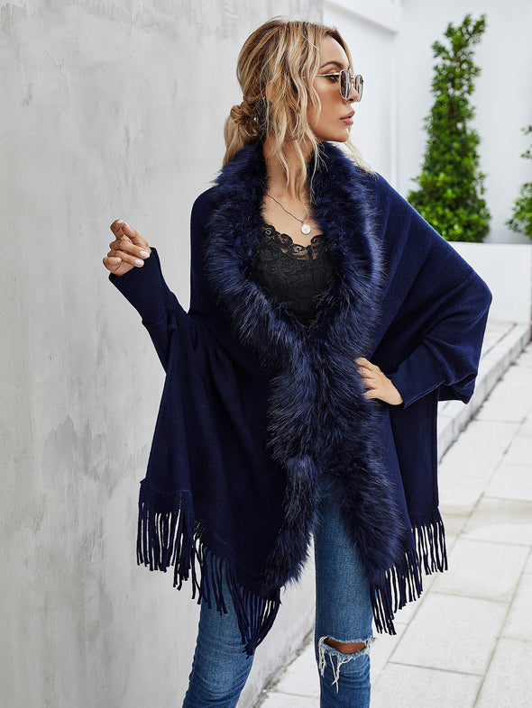 2022 Winter Fur Collar Shawls and Wraps Cardigan Sweater Women Bohemian Fringe Batwing Sleeve Ponchos Cardigans Coat