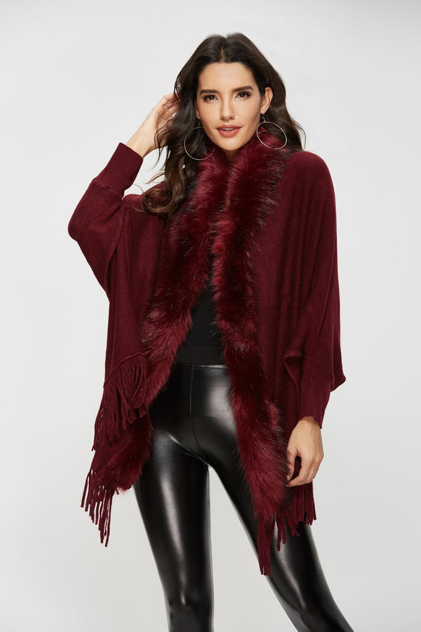 2022 Winter Fur Collar Shawls and Wraps Cardigan Sweater Women Bohemian Fringe Batwing Sleeve Ponchos Cardigans Coat