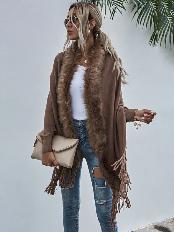 2022 Winter Fur Collar Shawls and Wraps Cardigan Sweater Women Bohemian Fringe Batwing Sleeve Ponchos Cardigans Coat