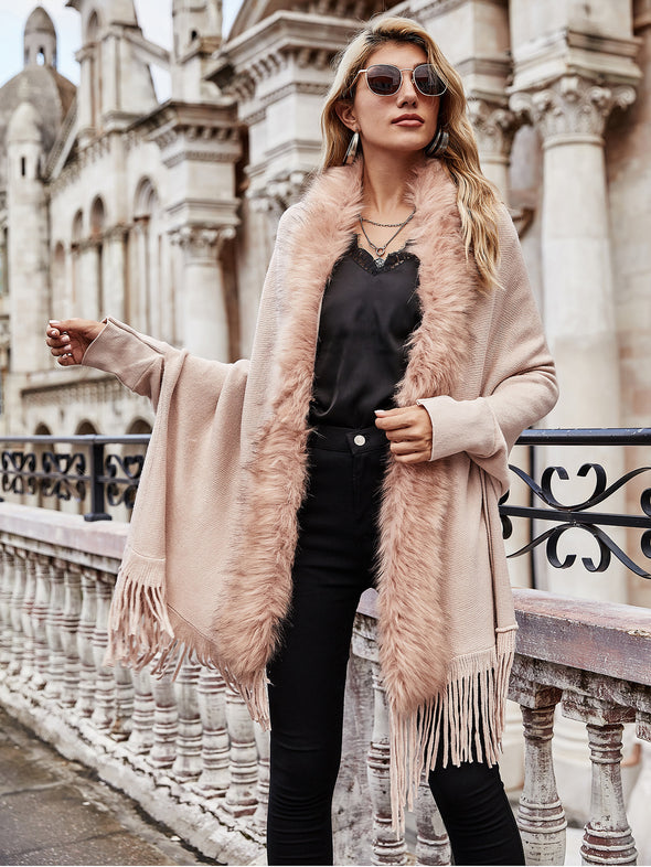 2022 Winter Fur Collar Shawls and Wraps Cardigan Sweater Women Bohemian Fringe Batwing Sleeve Ponchos Cardigans Coat