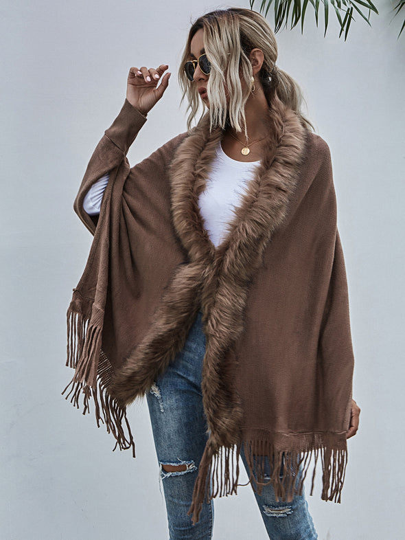 2022 Winter Fur Collar Shawls and Wraps Cardigan Sweater Women Bohemian Fringe Batwing Sleeve Ponchos Cardigans Coat