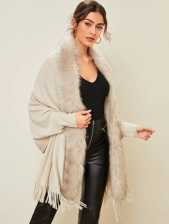 2022 Winter Fur Collar Shawls and Wraps Cardigan Sweater Women Bohemian Fringe Batwing Sleeve Ponchos Cardigans Coat