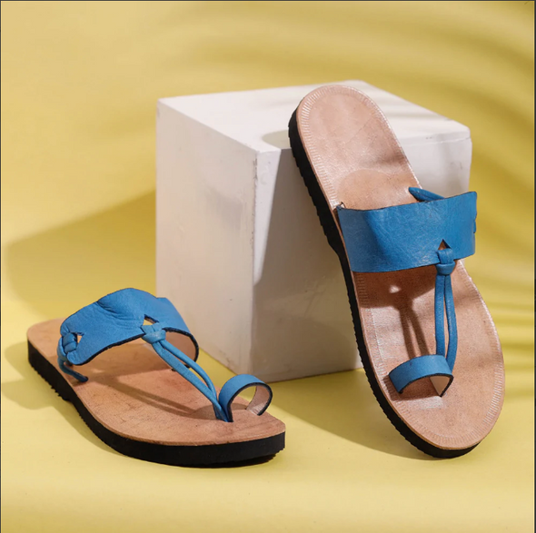 Footsteps of the Yogi, Blue & Tan Toe Ring Handcrafted Women's Leather Sandal