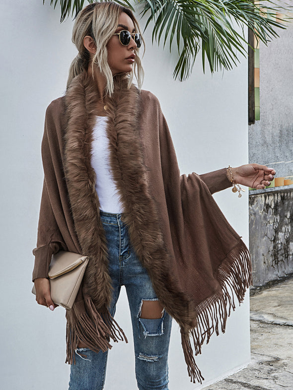 2022 Winter Fur Collar Shawls and Wraps Cardigan Sweater Women Bohemian Fringe Batwing Sleeve Ponchos Cardigans Coat