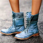Retro Leather Heeled Mid-calf Lace up Boot