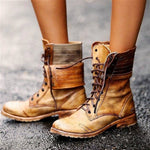 Retro Leather Heeled Mid-calf Lace up Boot