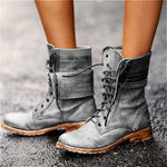 Retro Leather Heeled Mid-calf Lace up Boot