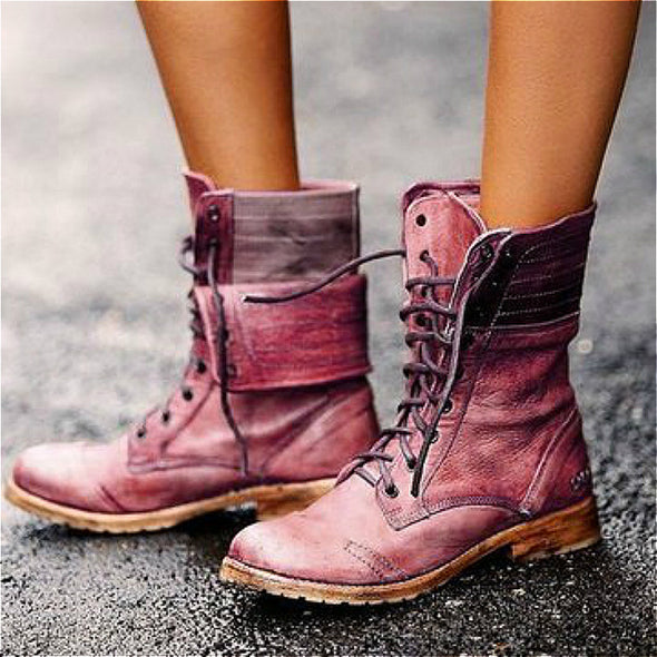 Retro Leather Heeled Mid-calf Lace up Boot