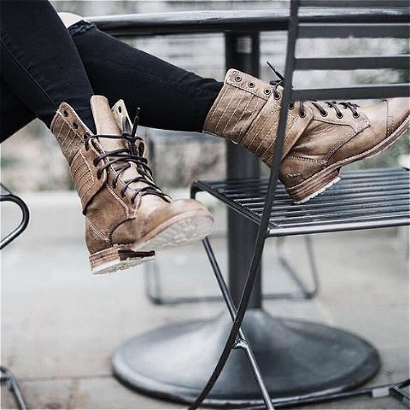Retro Leather Heeled Mid-calf Lace up Boot