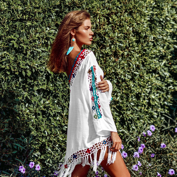 Fun, Fun Summer White Bikini Cover Up with Rainbow Trim