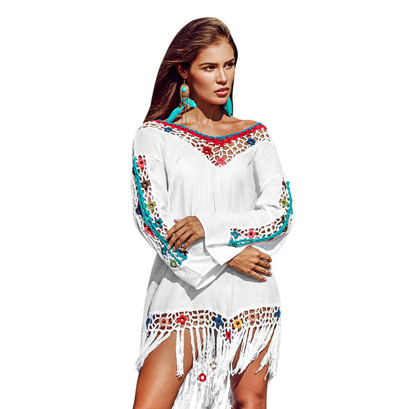 Fun, Fun Summer White Bikini Cover Up with Rainbow Trim