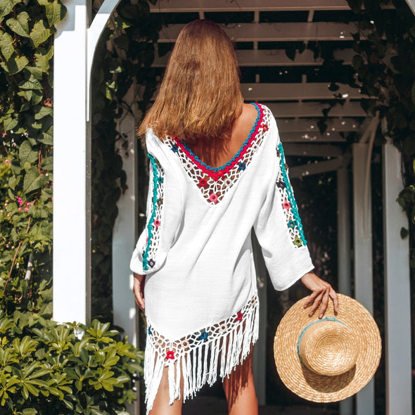 Fun, Fun Summer White Bikini Cover Up with Rainbow Trim