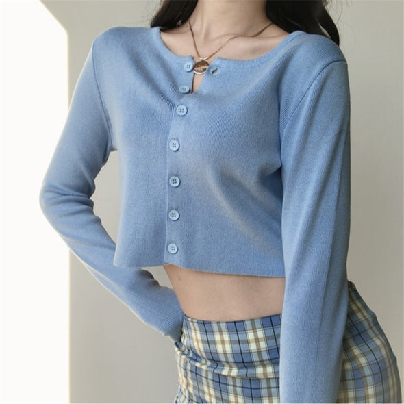 OMG! SUPER COOL, O-neck Short Knitted Sweater/CROP TOP Cardigan