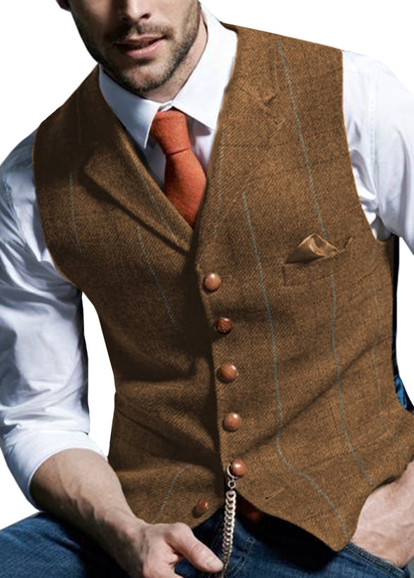 Casual Gentleman's Waistcoat in Brown Plaid/Tweed Styling