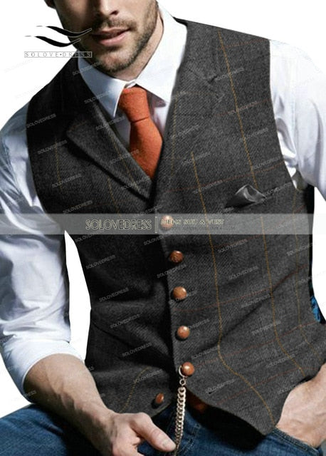 Casual Gentleman's Waistcoat in Brown Plaid/Tweed Styling