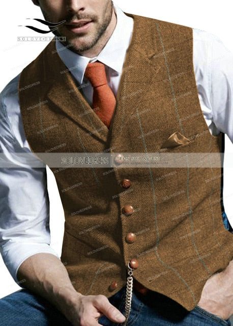 Casual Gentleman's Waistcoat in Brown Plaid/Tweed Styling