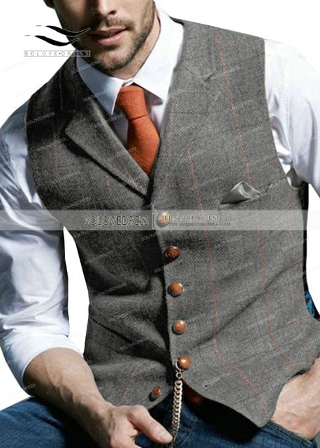 Casual Gentleman's Waistcoat in Brown Plaid/Tweed Styling