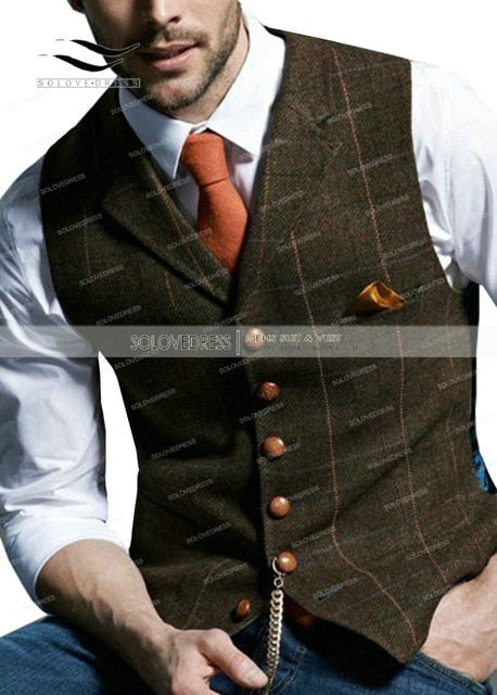Casual Gentleman's Waistcoat in Brown Plaid/Tweed Styling