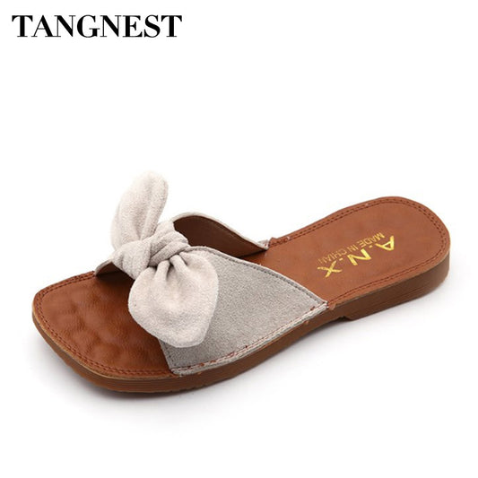 Tangnest Fashion Bowtie Women Slippers Summer Outside Soft Flock Women Sandals Solid Non-slip Lady Beach Slides XWT1086
